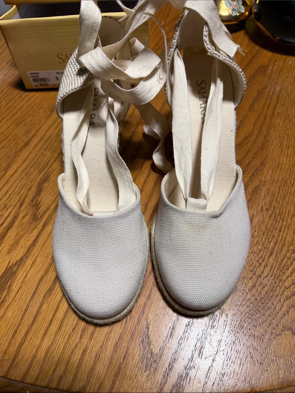 Sahara Cancun Size 8 Canvas Espadrille Wedges in Cream with Ankle Wraps